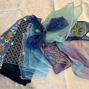 Set of eight vintage scarves, head, wraps, silk and nylon.